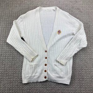Vintage FOX Grandpa Sweater Knit Cardigan Men Medium M White Button Up Embroider